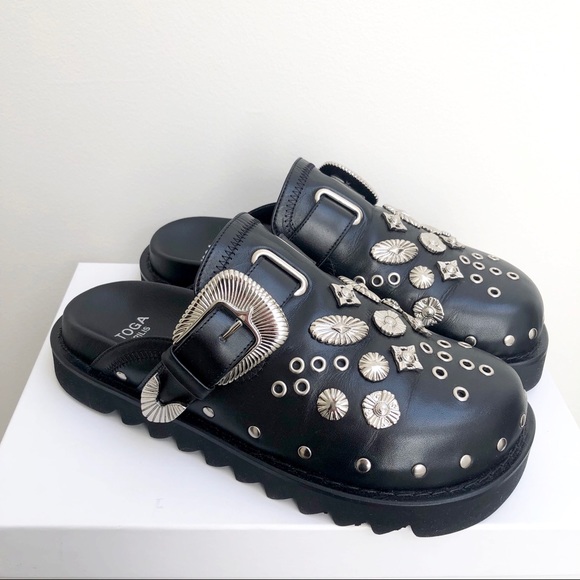 Toga Virilis Studded Black Leather Clogs - Picture 1 of 7